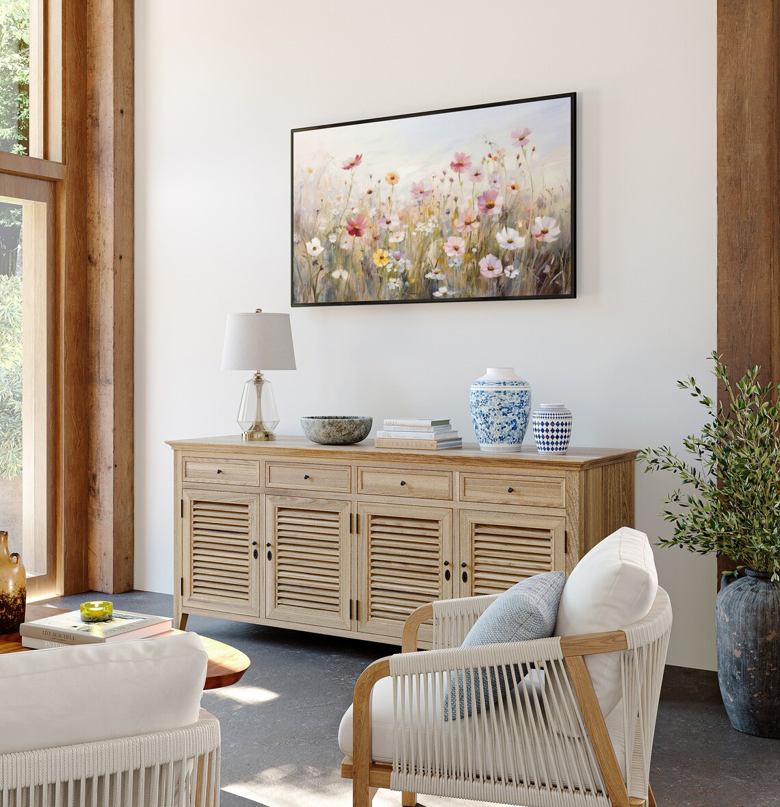 Wildflower Meadow Pink Cosmos Daisies Spring Floral Painting Poster - Image 2