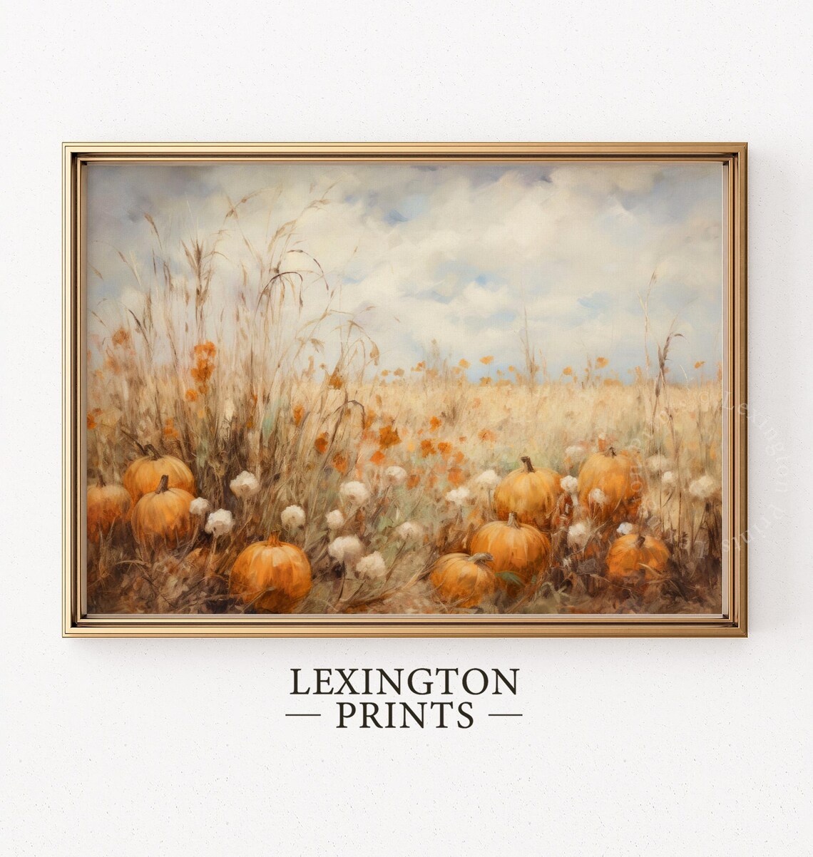 Pumpkin Patch in Autumn Field Tall Grass Harvest Season Landscape Poster - Image 6