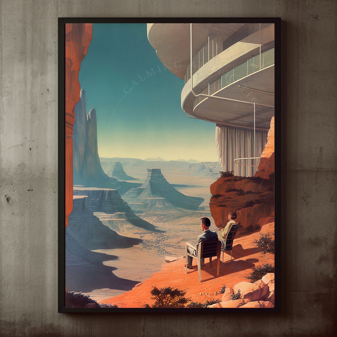 Retro Future Cliffside Balcony Red Rock Canyon Vista Art Poster