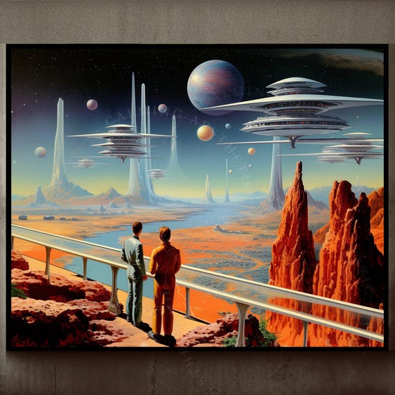 Wall Art Print Retro Futuristic Space Men Scifi Landscape Terrace Horizontal Large Poster Cosmic Planets Surreal Nasa Home Decor Gift