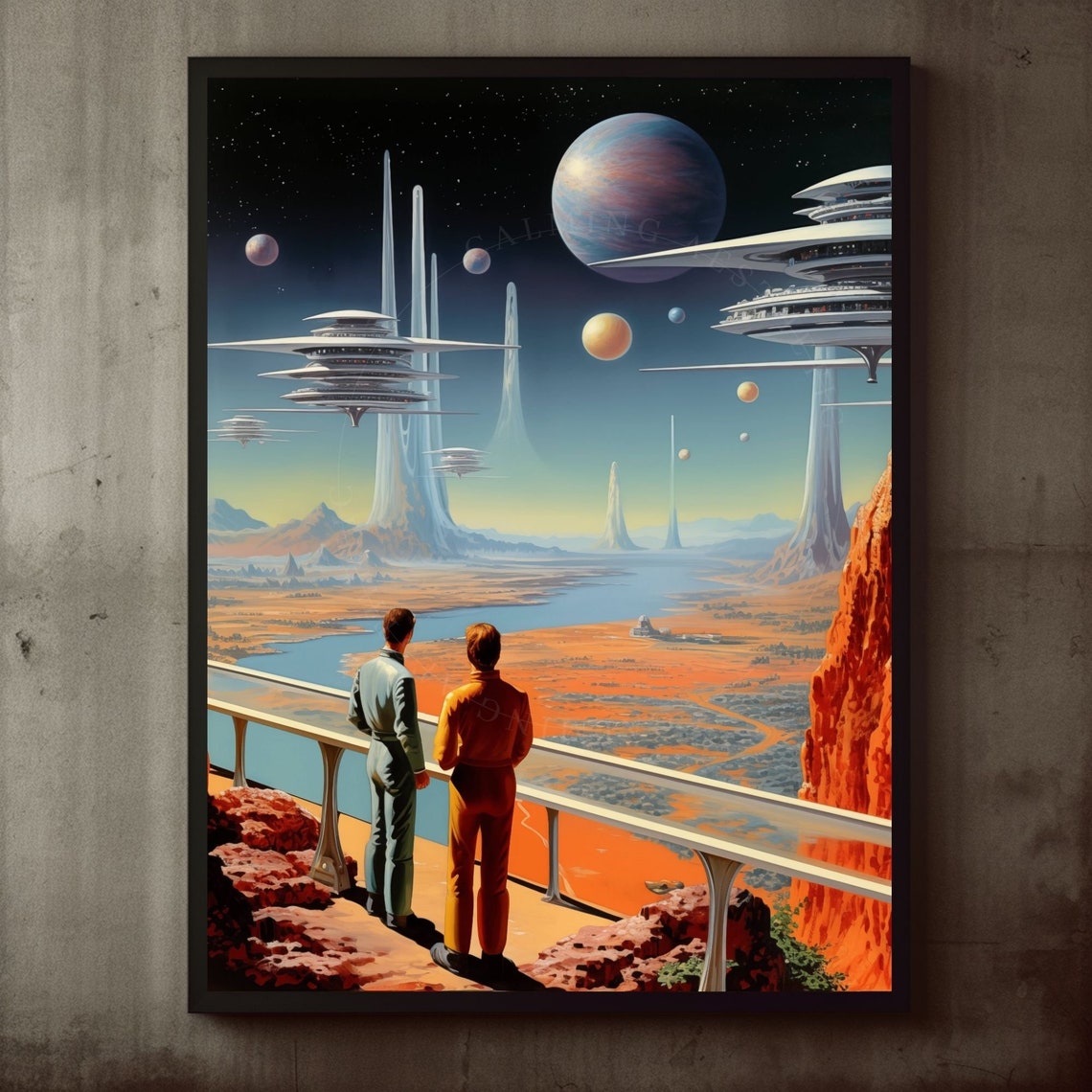 Classic Sci-Fi Alien Metropolis Floating Towers Night Sky Poster