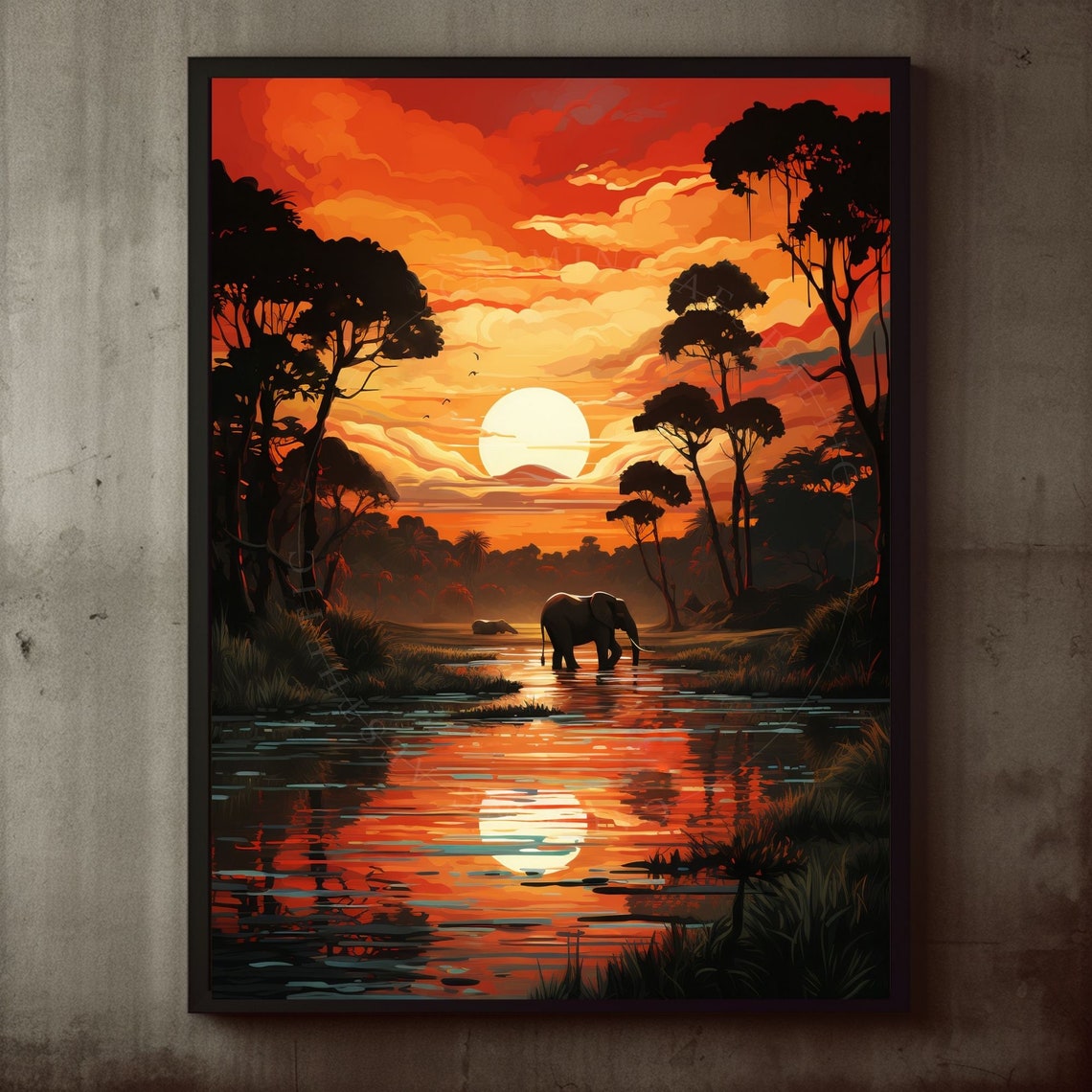 Elephant Crossing River At Fiery Safari Sunset Silhouette Poster