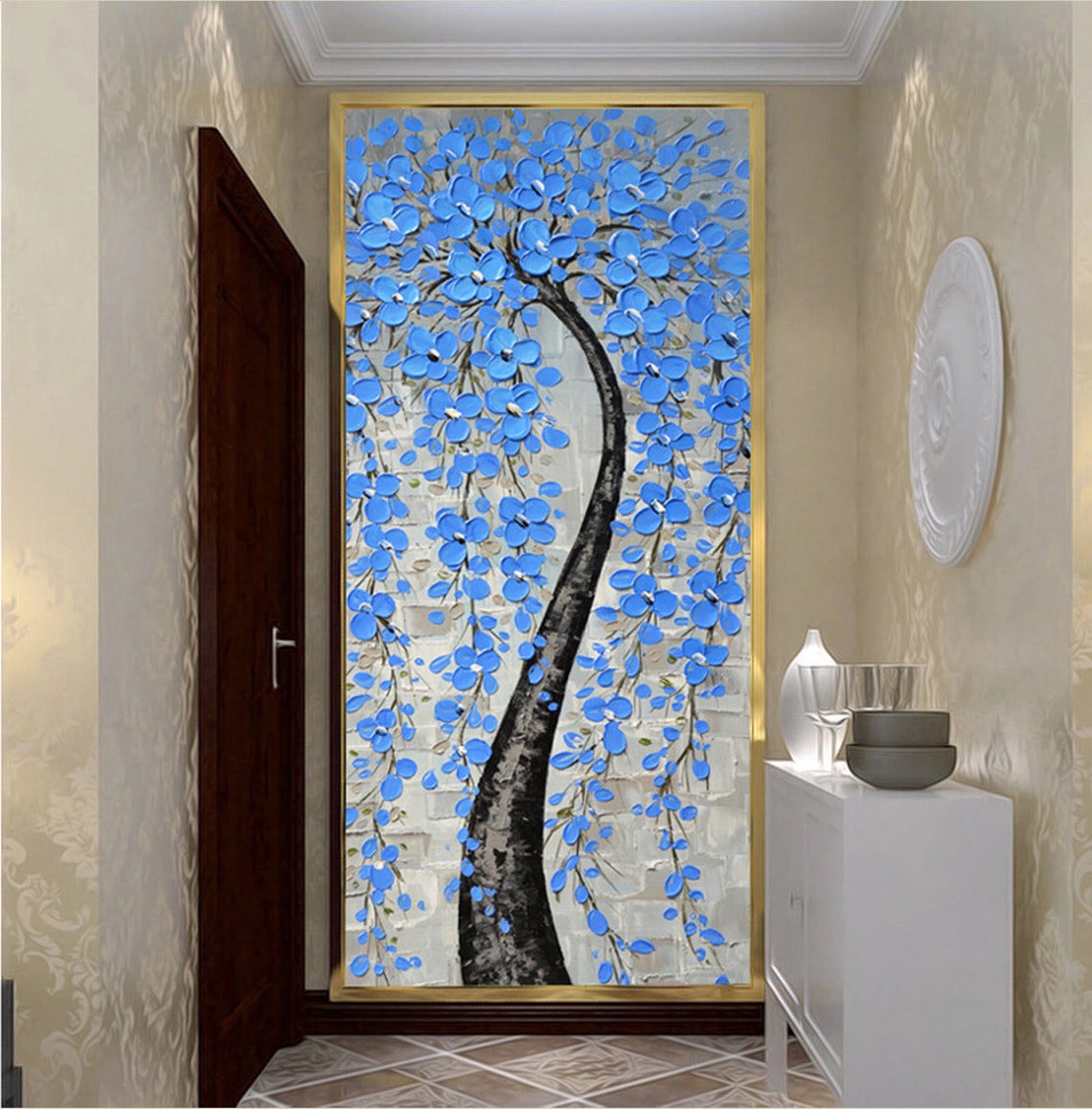 Blue Blossom Tree Cobalt Flowers Grey Impasto Vertical Poster - Image 3