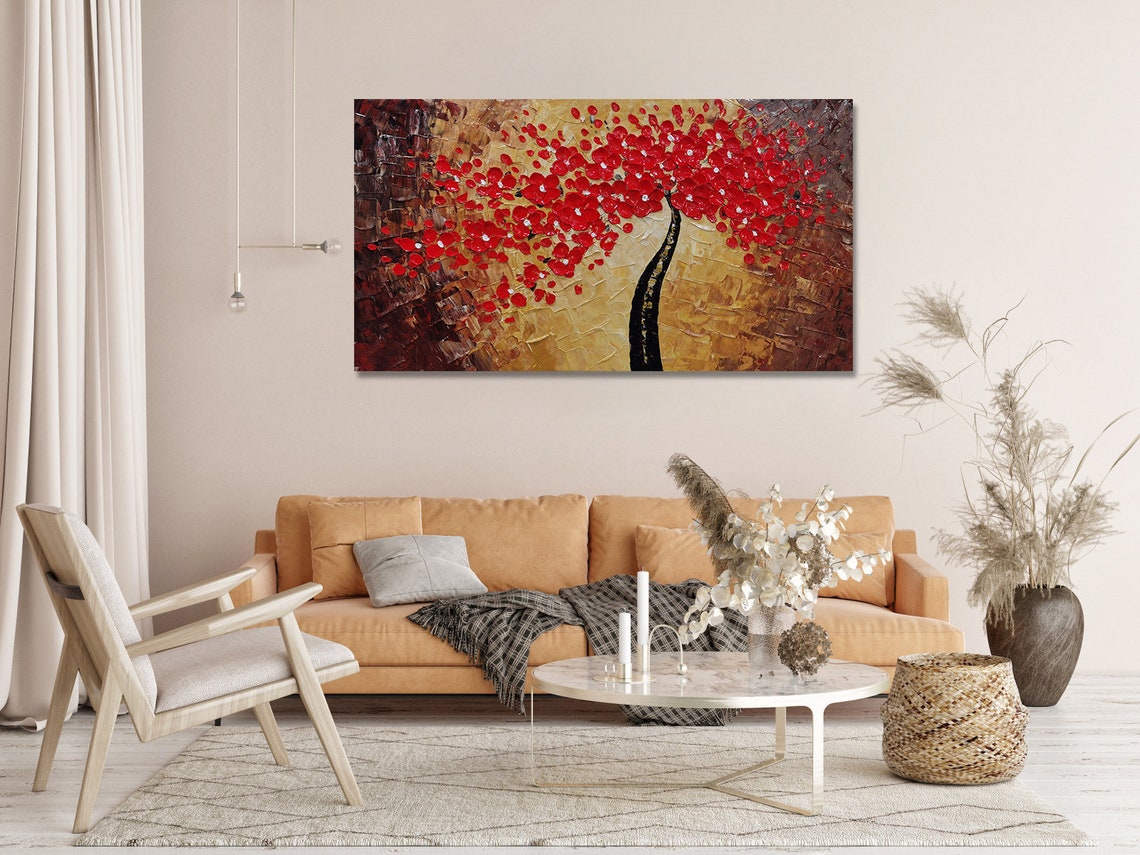 Bold Red Blossom Tree on Bronze Palette Knife Warm Floral Poster - Image 2