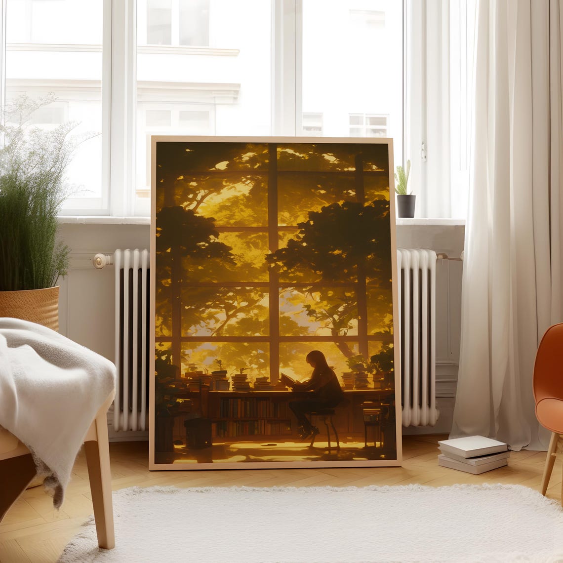 Sunlit Library Reading Nook Golden Sunset Window View Poster - Image 4