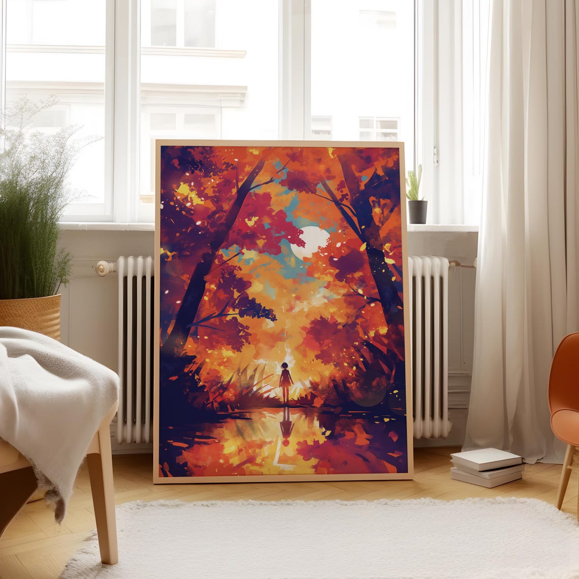 Small Figure Under Autumn Trees Beside Glowing Moonlit Water Poster - Image 4