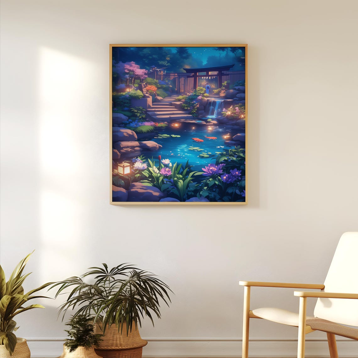 Serene Scenic Anime Japanese Koi Pond Garden at Twilight Poster - Image 2