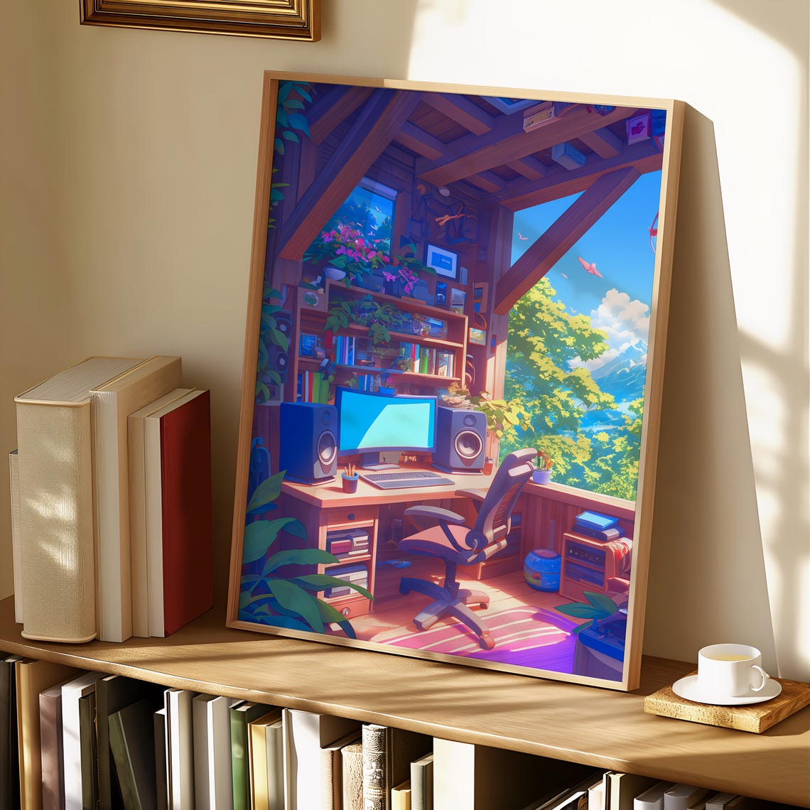 Cozy Anime Home Studio Desk Mountain View Sunlit Workspace Poster - Image 2