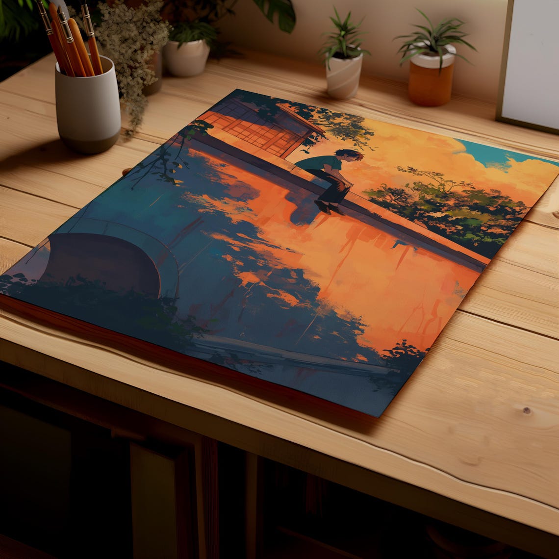 Anime Boy Sunset Bridge Ledge Golden River Reflection Lofi Art Poster - Image 3