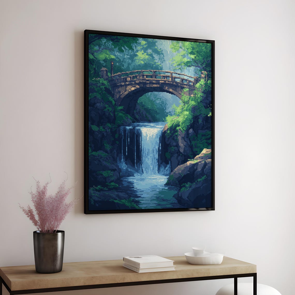 Pixel Art Stone Bridge Waterfall Lush Green Forest Stream Poster - Image 4