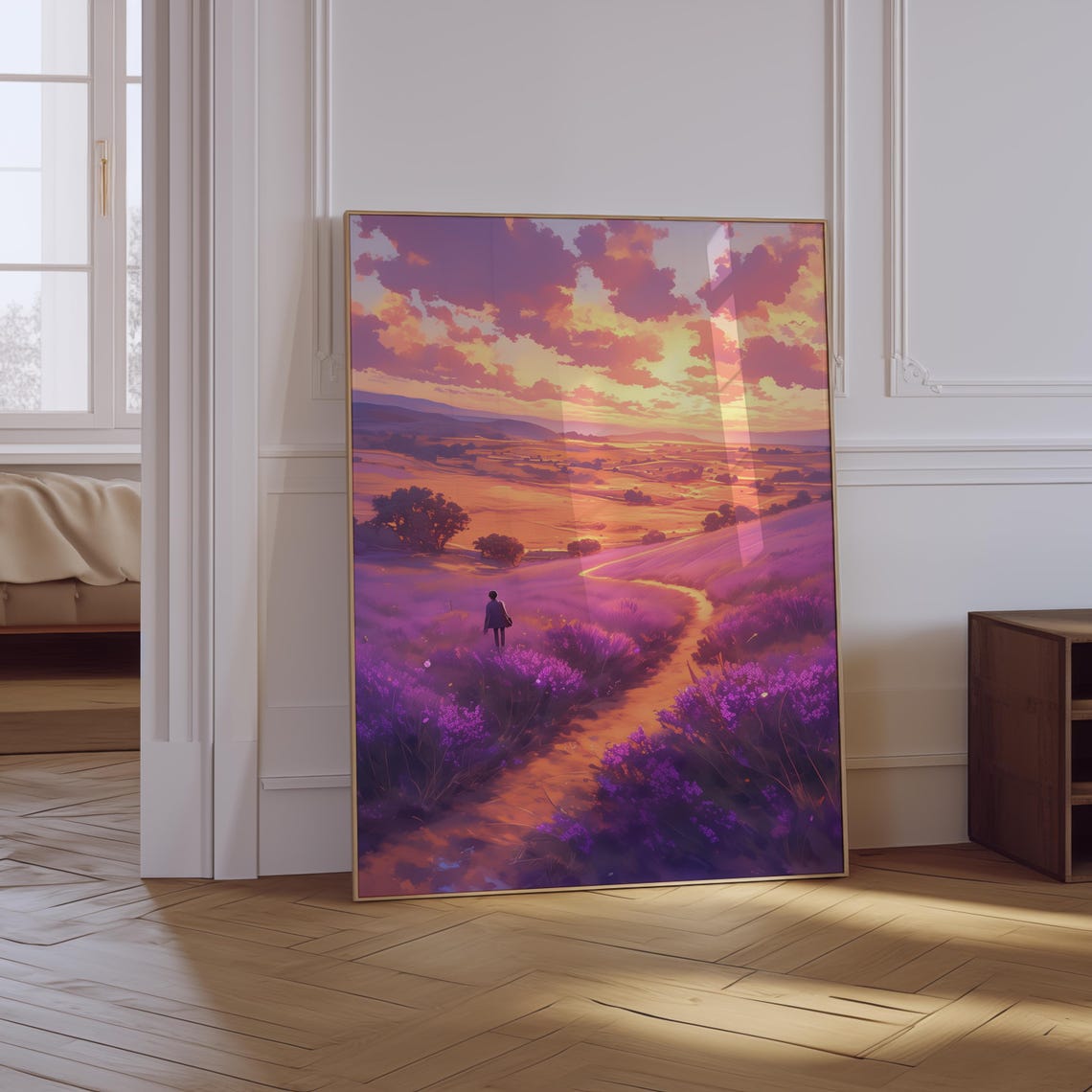 Anime Sunset Lavender Field Wanderer Tranquil Purple Sky Poster - Image 2
