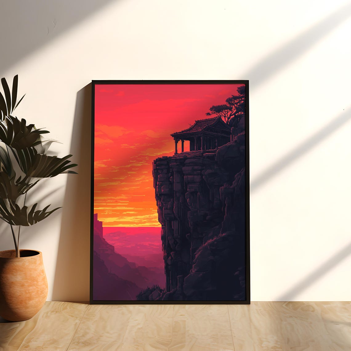 Pixel Art Ancient Temple Cliff Silhouette Fiery Sunset Fantasy Poster - Image 2