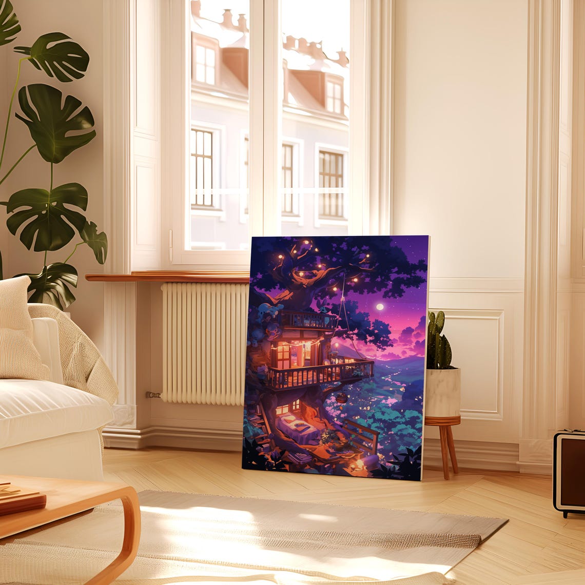 Whimsical Treehouse Night String Lights Moon Valley View Art Poster - Image 2