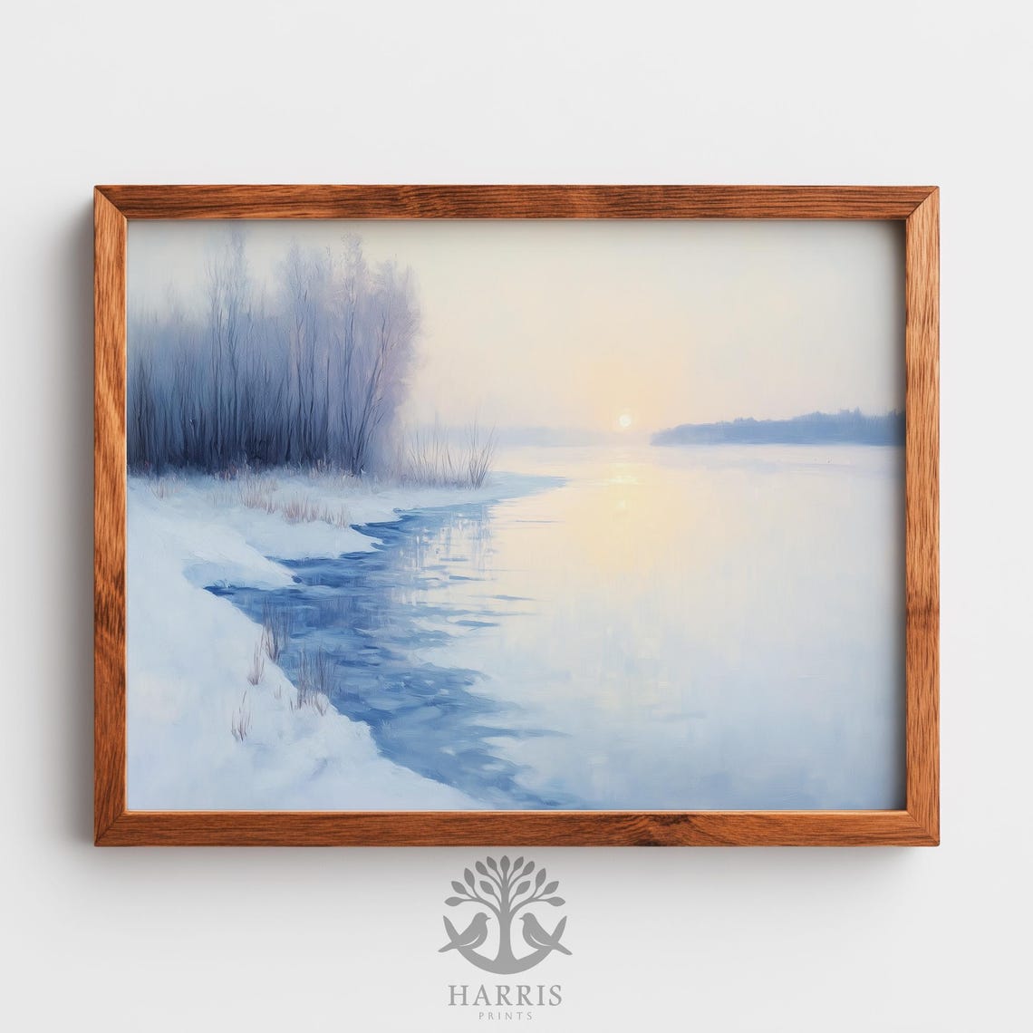 Moody Winter Icy Lake Wall Art Serene Landscape Painting Neutral Minimalist Scene Calm Reflections 516