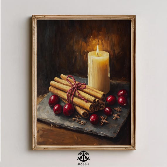 Rustic Cinnamon Sticks Stilllife Cozy Candlelit Scene Festive Warm Decor Moody Holiday Wall Art 282