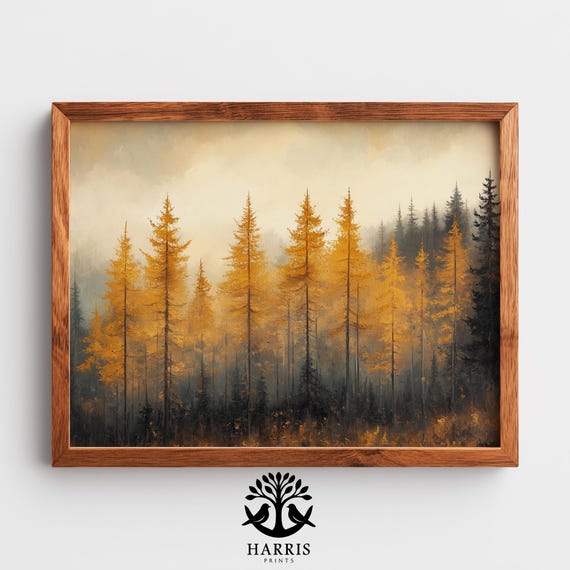 Autumnal Larch Tree Landscape Rustic Forest With Golden Larches Moody Fall Wall Art Nature Dcor 311