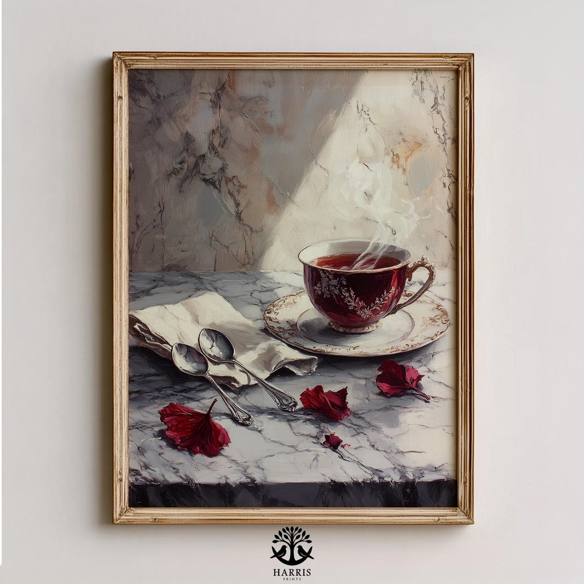 Moody Burgundy Teacup Still Life Vintage Tea Painting Poster