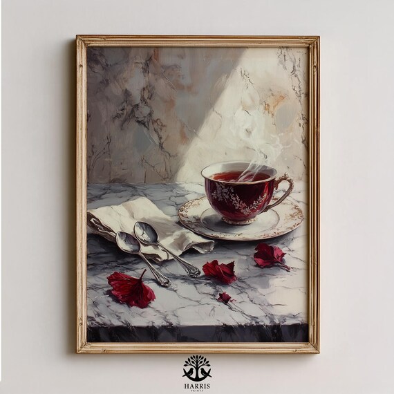 Moody Burgundy Teacup Still Life Vintage Tea Painting Poster
