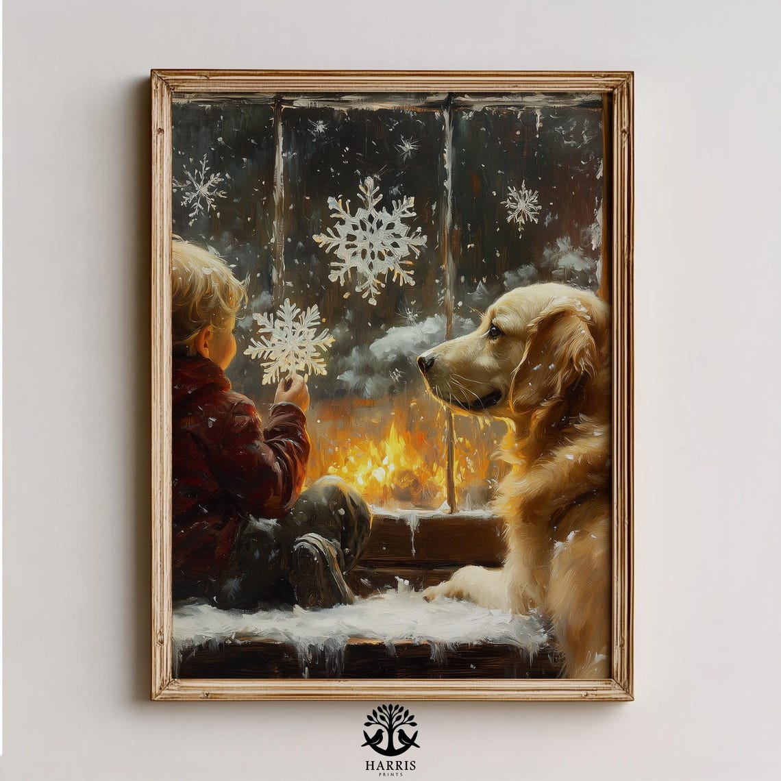 Boy and Golden Retriever Snowy Window Cozy Winter Scene Art Print