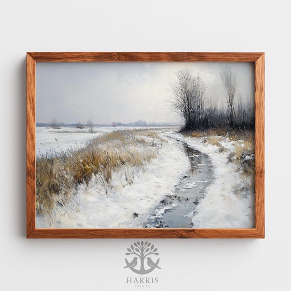 Moody Winter Path Painting Rustic Wintry Landscape Art Snowdusted Grasses Bare Trees Wall Serene 546
