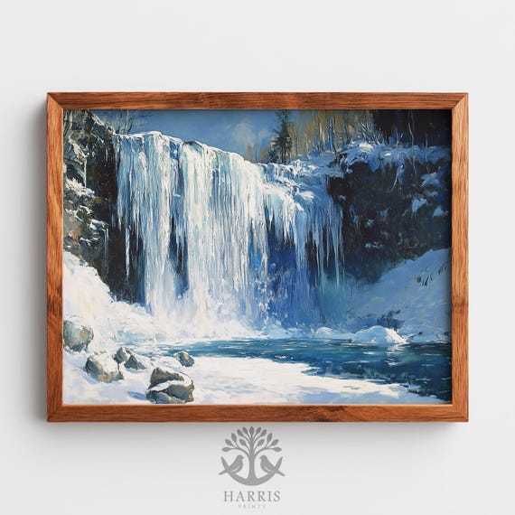 Frozen Waterfall Wall Art Moody Winter Landscape With Icicles Snowy Rocks Cool Blue And White Tones 531