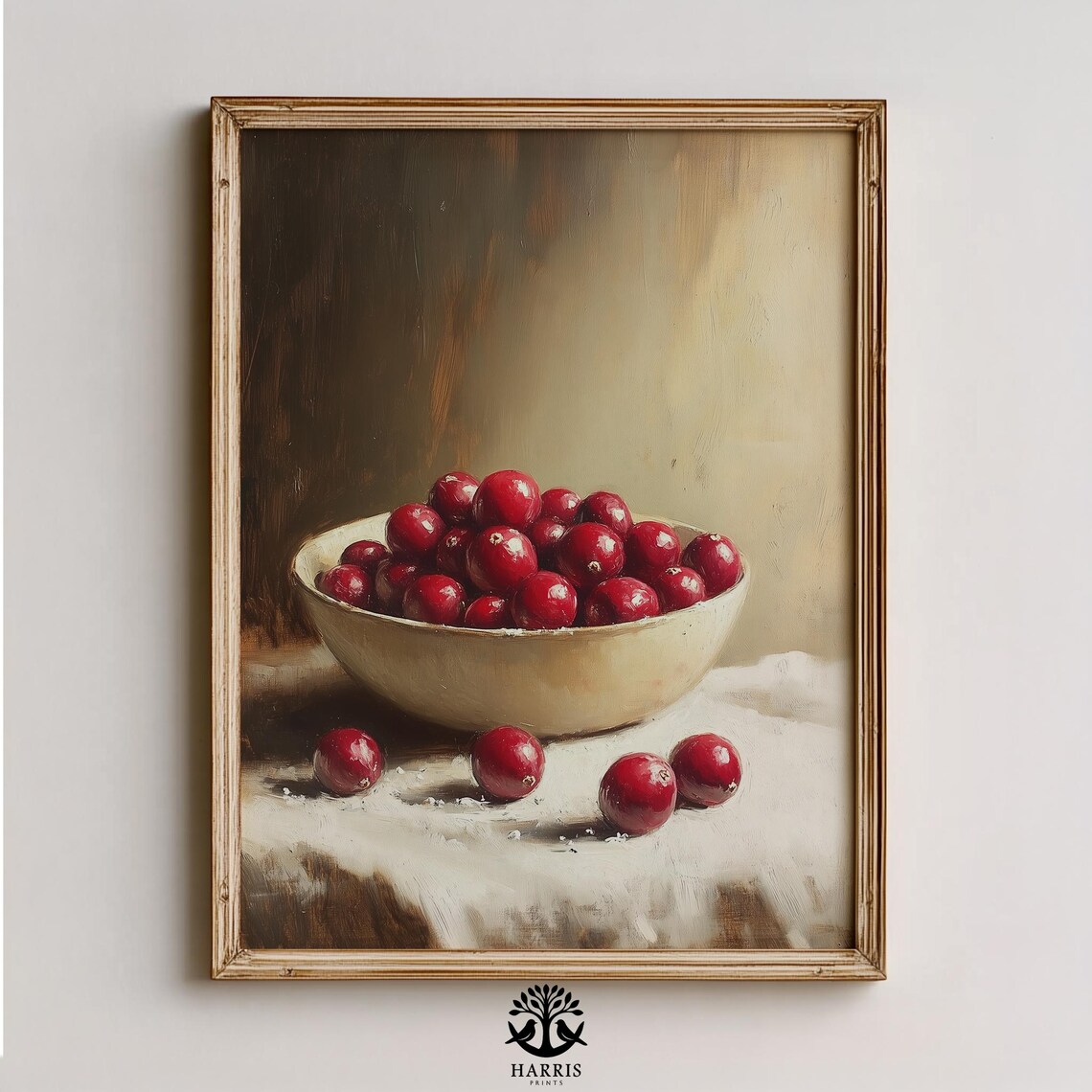 Moody Cranberry Bowl Still Life Dark Vintage Oil Painting Poster