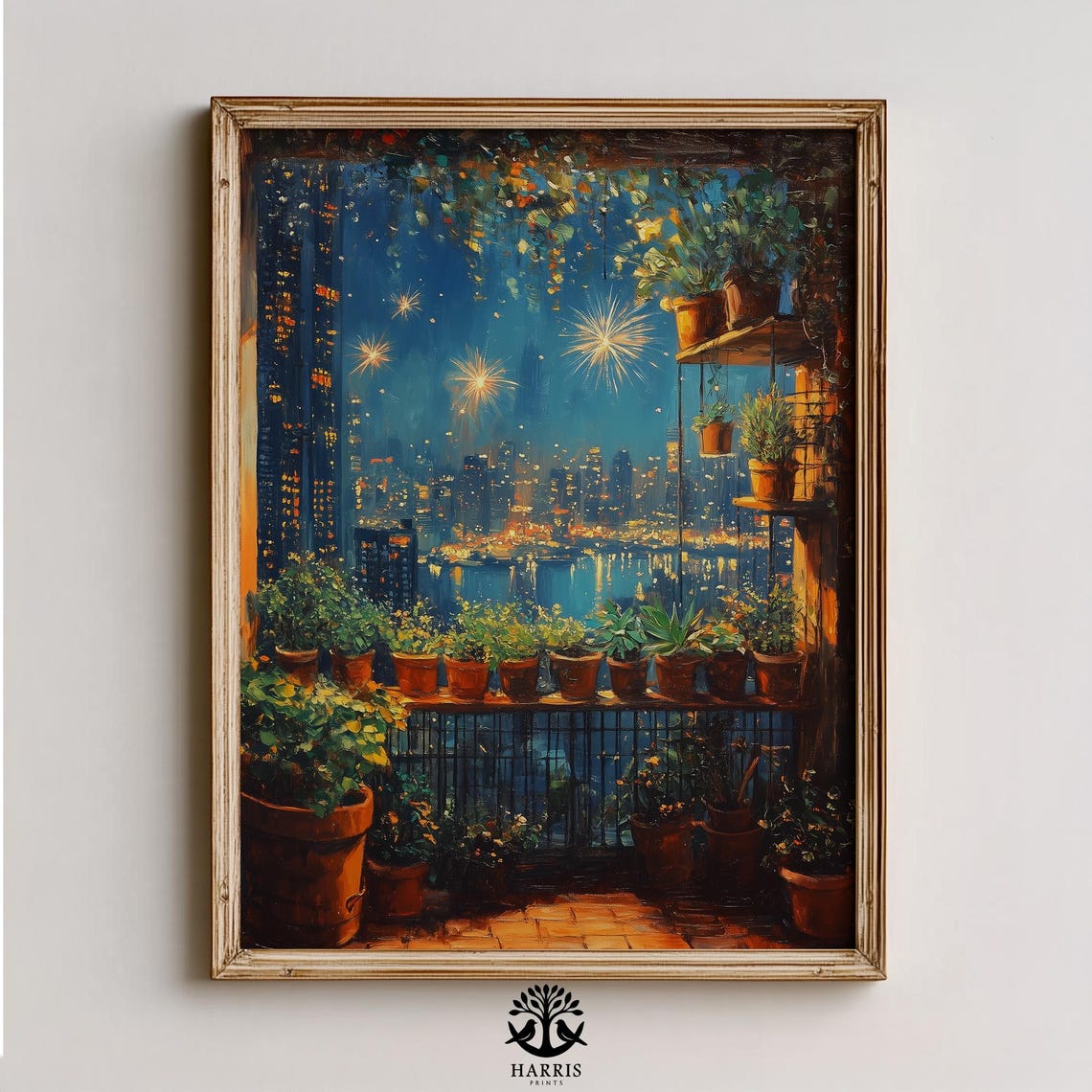 City Balcony Garden Plants Fireworks Night Skyline Art Poster