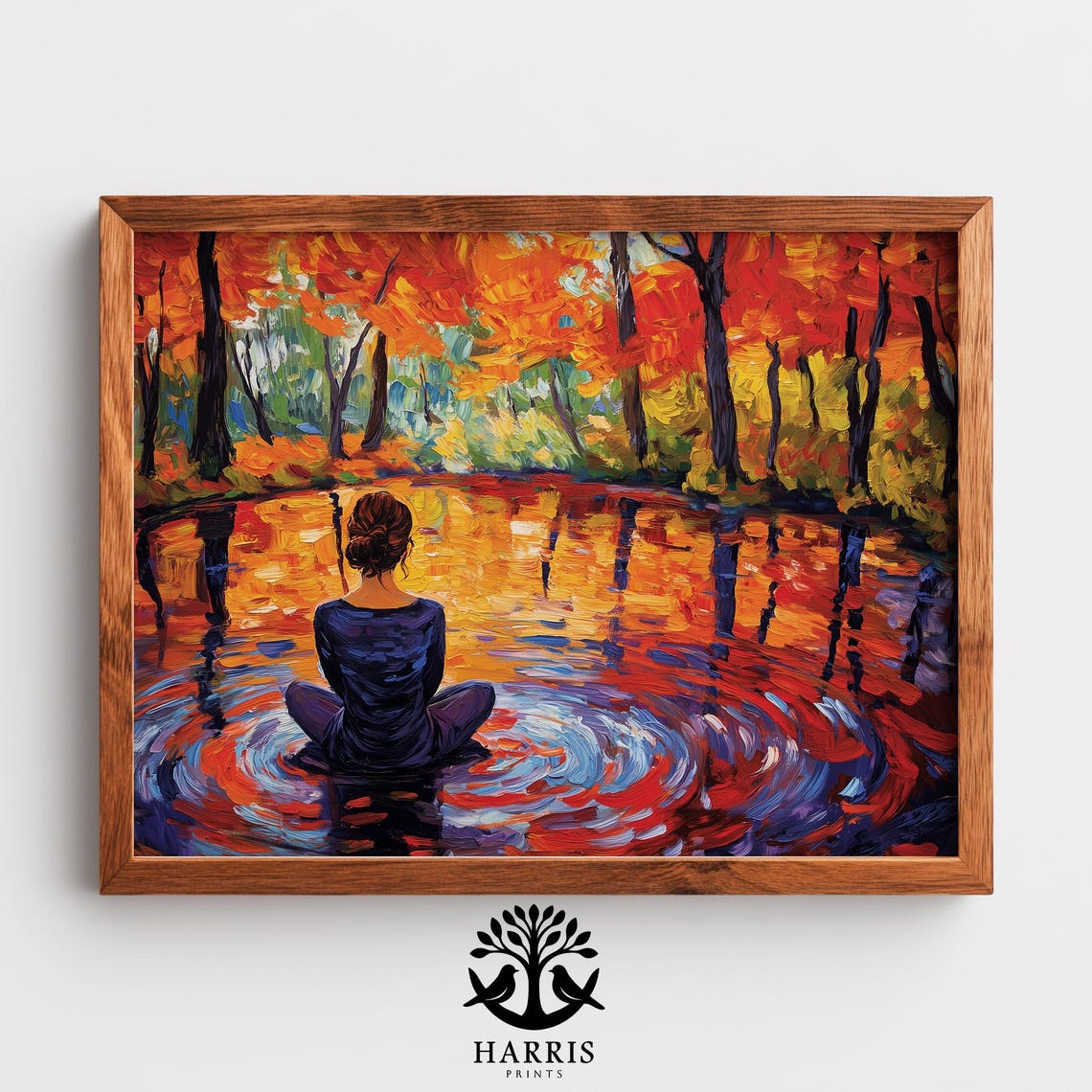 Rustic Autumn Impressionistic Painting Woman Sketching Fiery Red Maple Trees Warm Earthy Foliage Art Contemplative Scene 419