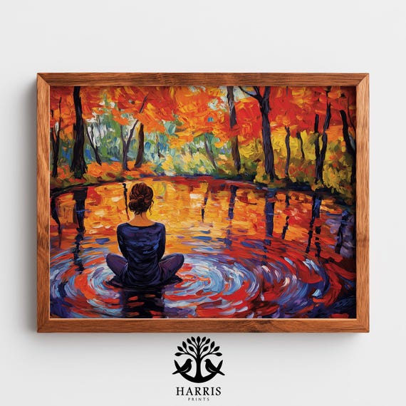 Rustic Autumn Impressionistic Painting Woman Sketching Fiery Red Maple Trees Warm Earthy Foliage Art Contemplative Scene 419