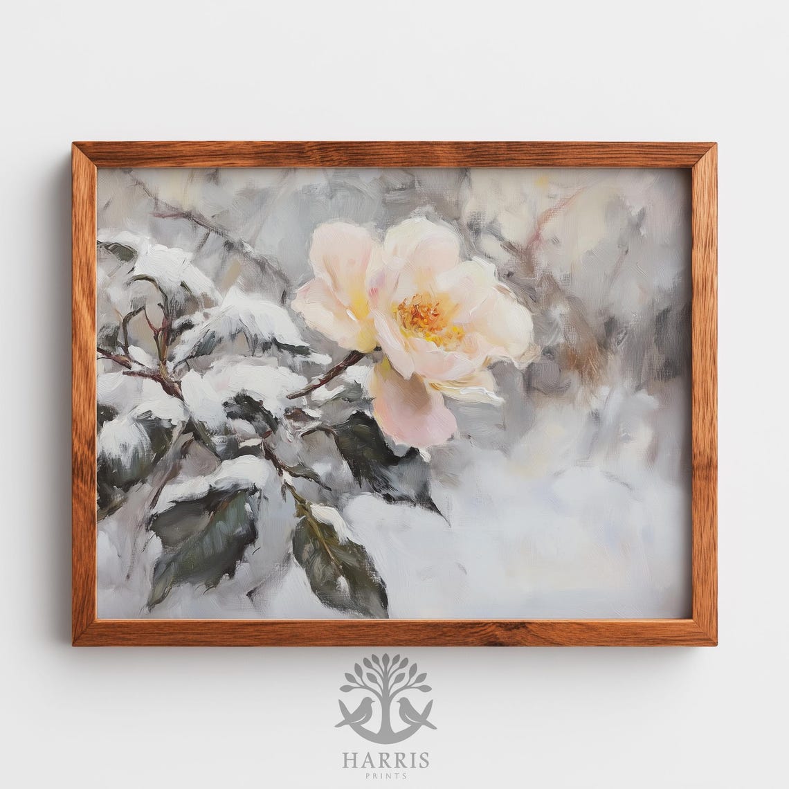 Soft Pink Winter Rose Blooming in Snow Romantic Floral Art Poster