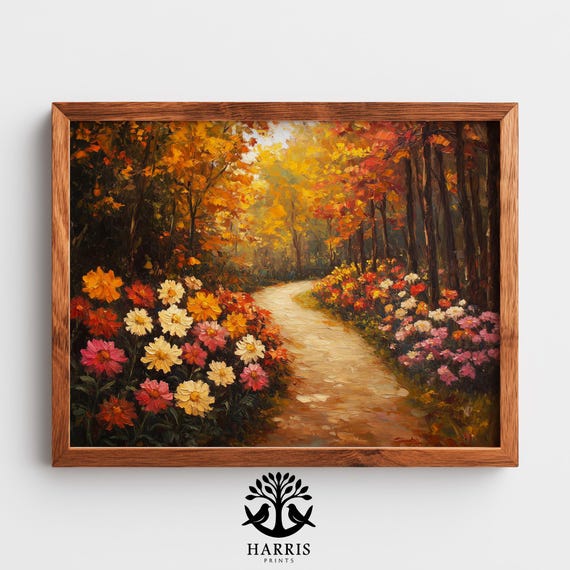 Autumn Chrysanthemum Path Painting Cozy Rustic Trail With Fall Foliage Moody Seasonal Wall Art Earthy Landscape 334