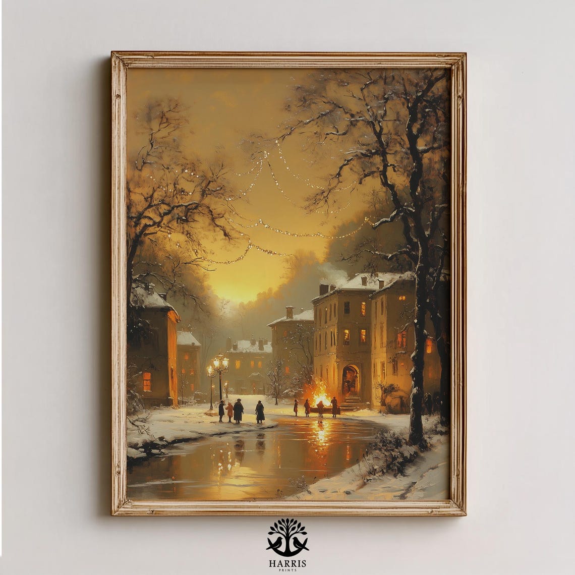 Snowy Village Street Dusk String Lights Winter Scene Art Print