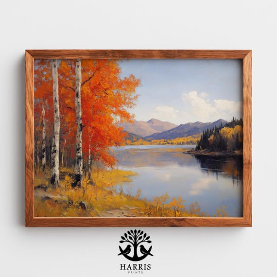 Rustic Autumn Landscape Warm Fall Colors Fiery Maple Trees Country Lake Scene Vintage Farmhouse Decor Art 410