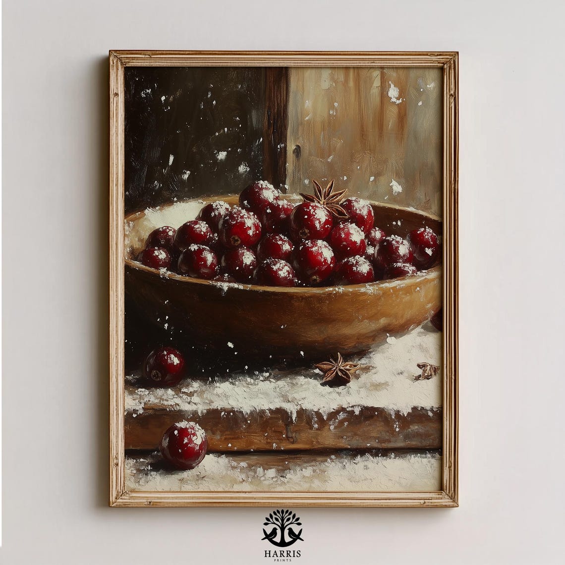 Rustic Christmas Bowl of Cranberries Snow and Star Anise Art Print