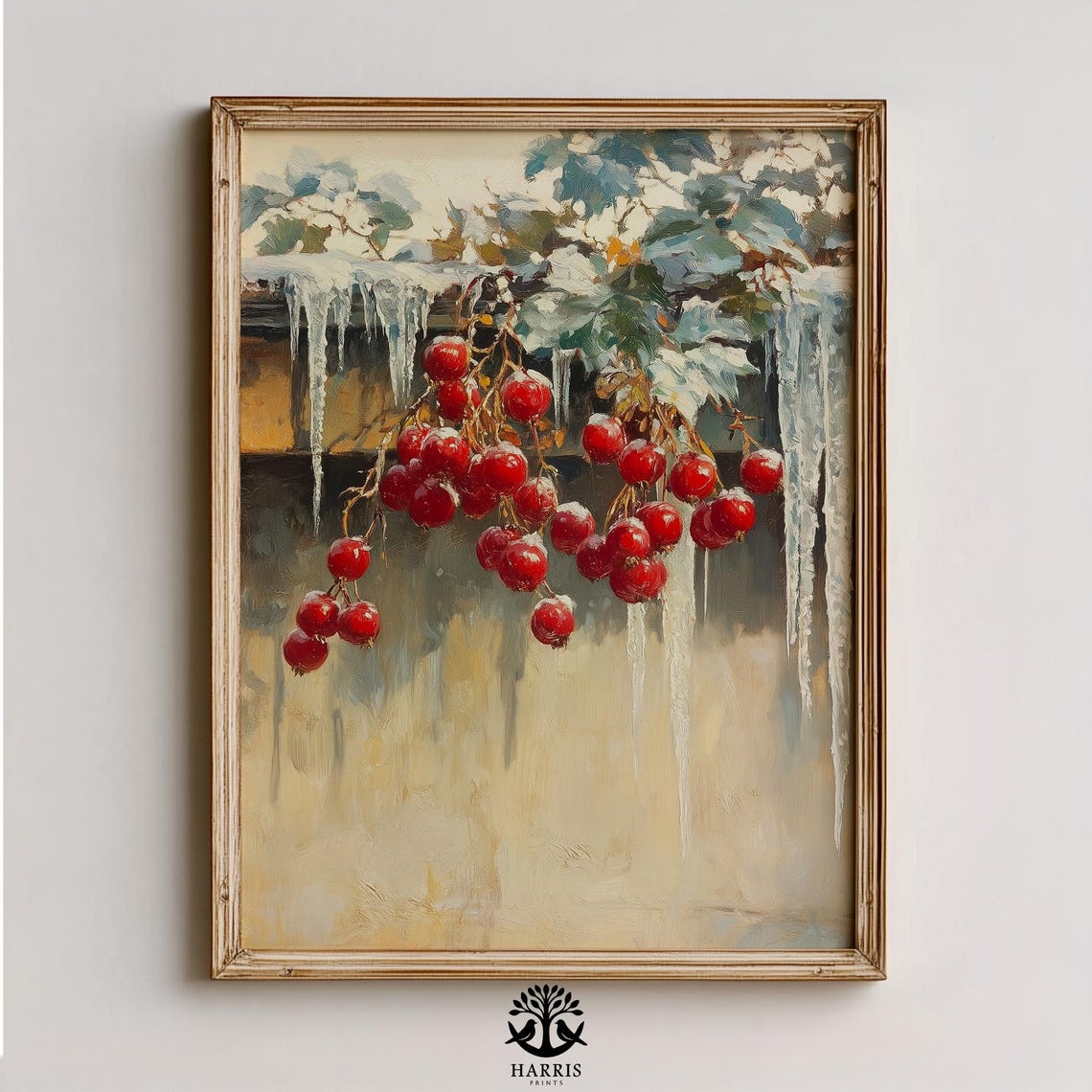 Red Winter Berries With Icicles Rustic Festive Holiday Painting Print