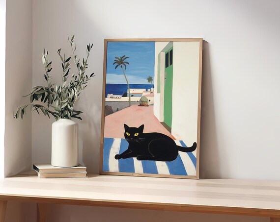 Black Cat Illustration, Minimal Cat Lover Gift