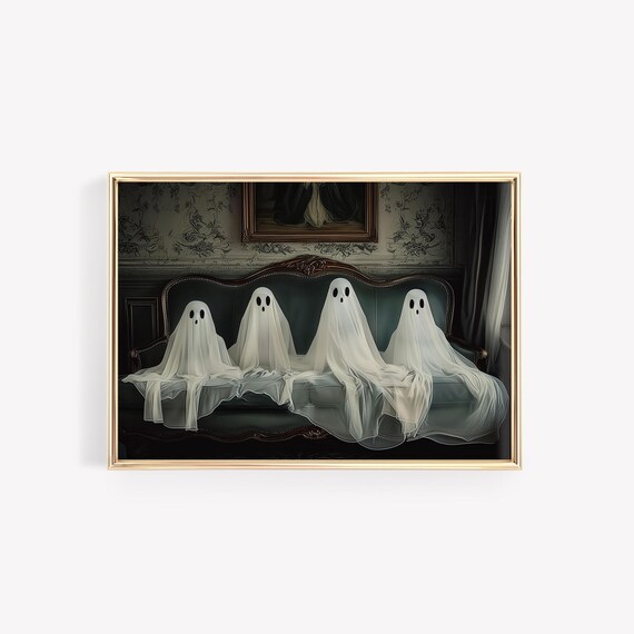 Four Ghosts Victorian Sofa Painting Funny Spooky Vintage Halloween Poster