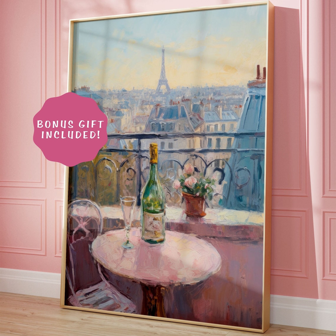 Paris Balcony Eiffel Tower Wine Cafe Table Romantic Painting Poster