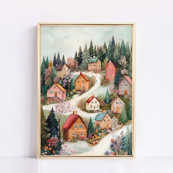 Rustic Spring Village Painting Cute Spring Home Decor Colorful Houses With Flowers Summer Wall Art Farmhouse Wall Decor Landscape Print