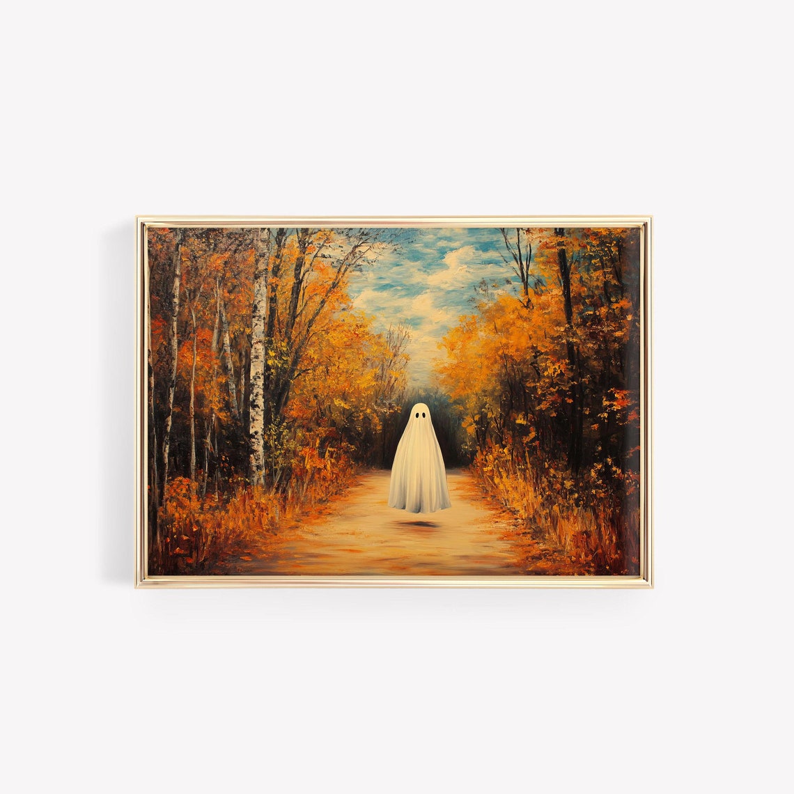 Cute Ghost Autumn Forest Path Spooky Season Painting Wall Poster