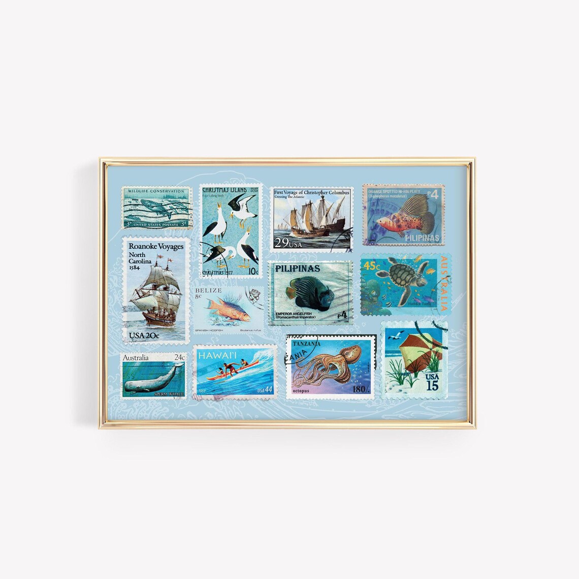 Vintage Ocean Travel Postage Stamp Collage Coastal Art Poster
