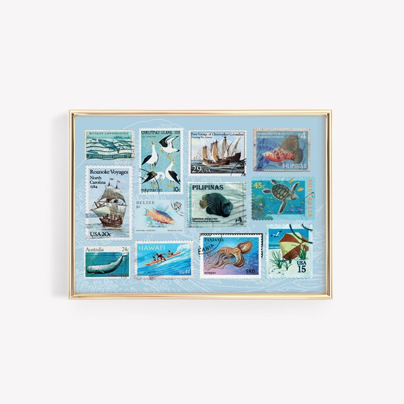 Vintage Coastal Print Stamps Beach Print Beachy Wall Art Coastal Wall Decor Colorful Vintage Surf Art Vintage Stamps Poster Aesthetic Blue
