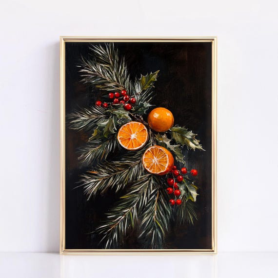 Botanical Christmas Oil Painting Moody Dark Academia Christmas Decor Vintage Farmhouse Pine Tree Print Wall Decor Festive Print