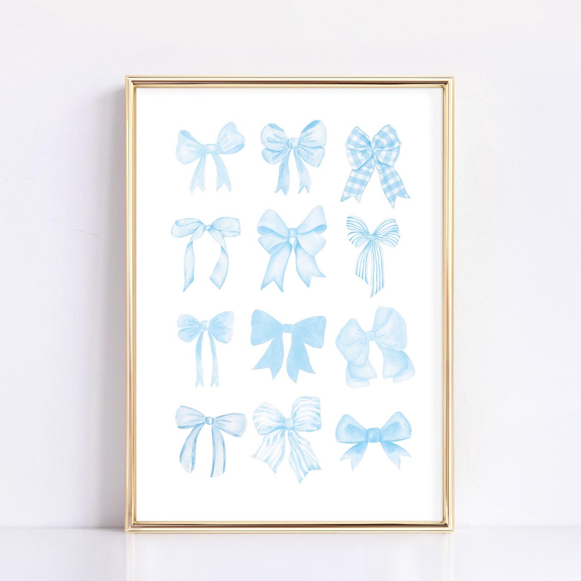 Light Blue Coquette Bow Watercolor Grid Girls Bedroom Poster