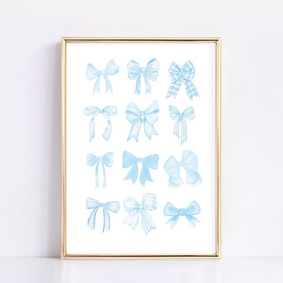 Light Blue Coquette Bow Watercolor Grid Girls Bedroom Poster