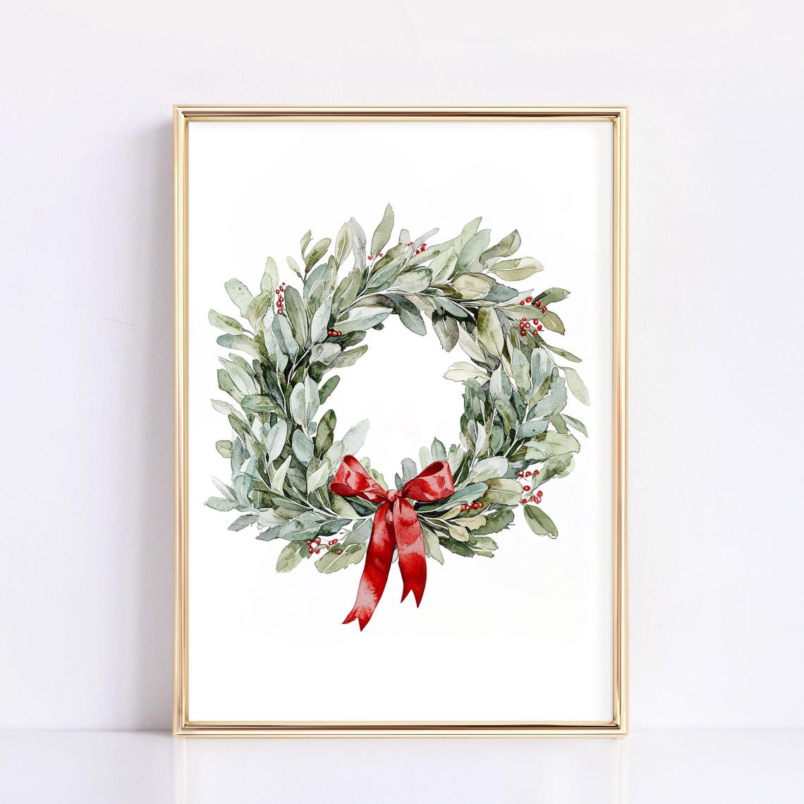 Watercolor Greenery Wreath Red Berries Red Bow Holiday Wall Art