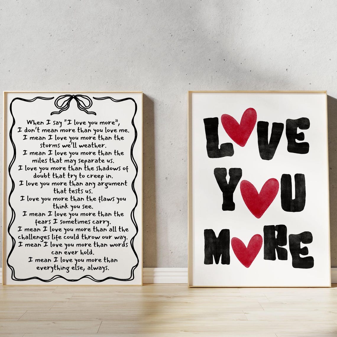 Love You More Typography Bold Black Letters Red Hearts Poster - Image 2