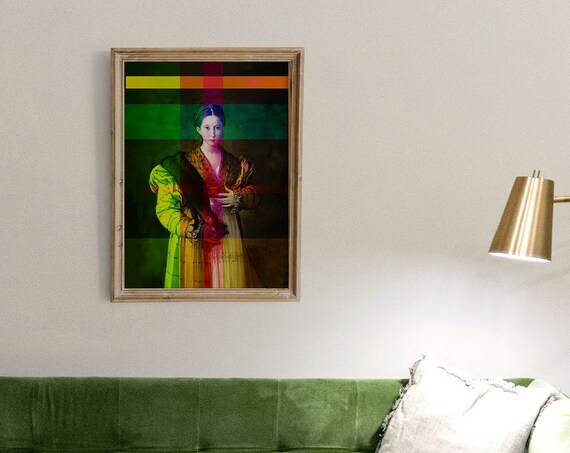 Renaissance Woman Portrait Neon Color Bars Modern Mashup Art Poster