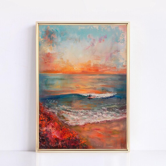 Sunset Ocean Surfer Impressionist Coastal Beach Waves Art Poster