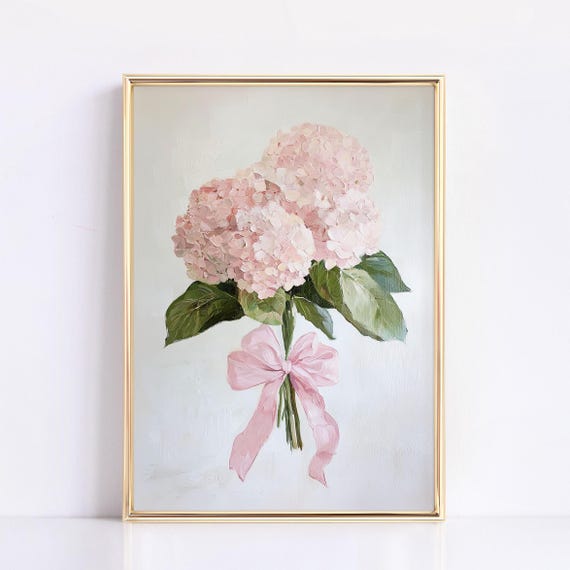Pink Hydrangeas With Bow, Floral Spring Art Print